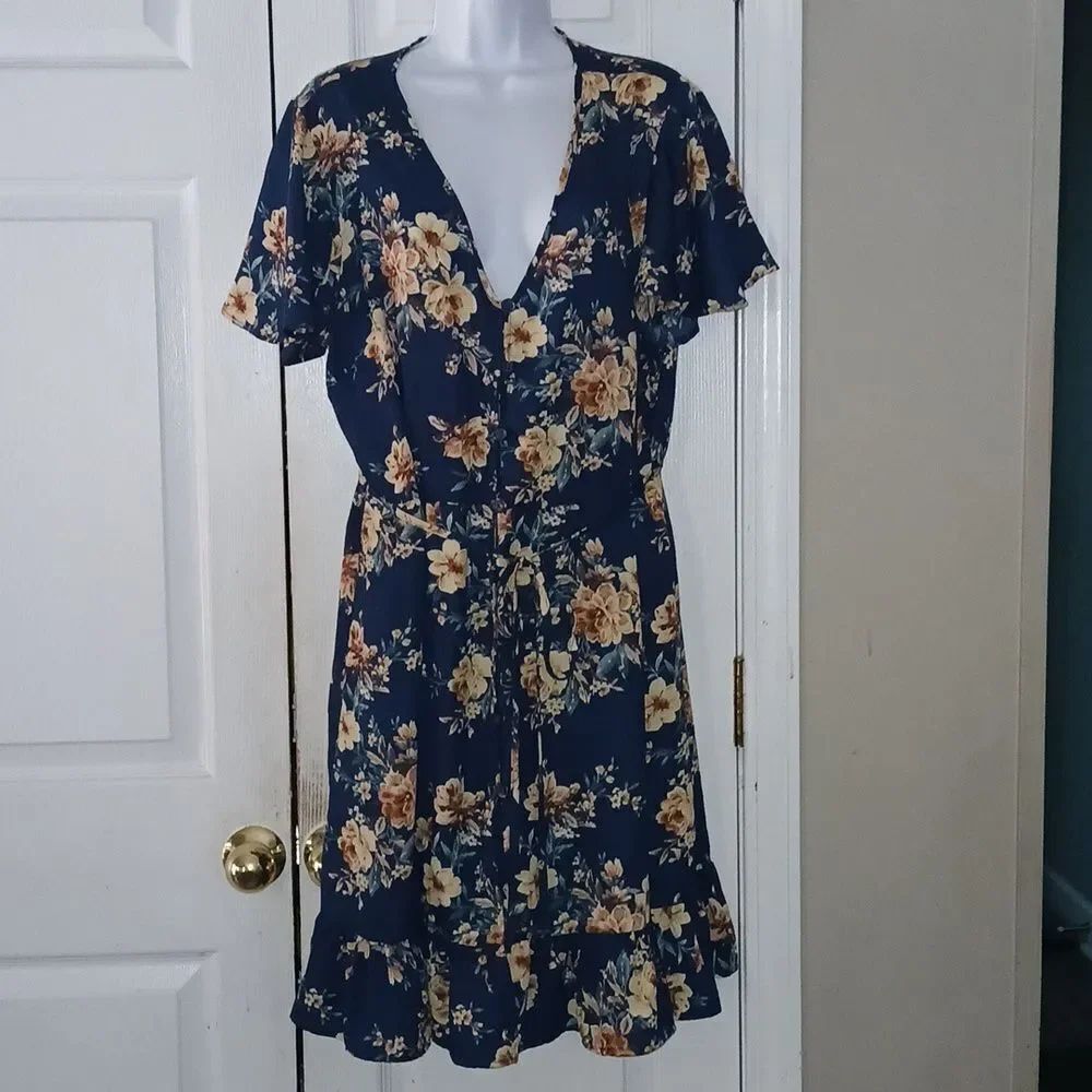 Xhilaration blue floral print button down casual short sleeve dress Sz XL NWOT